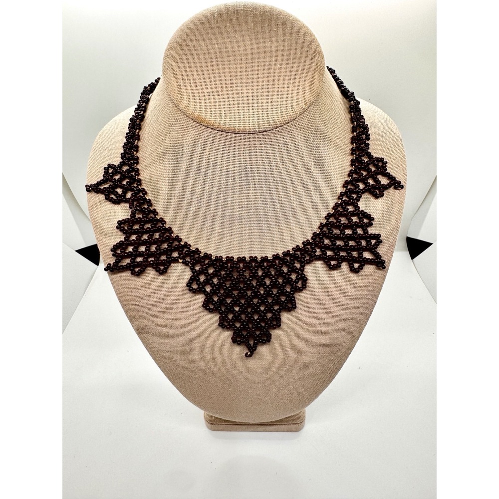 Vintage Burgundy Seed Bead Bib Necklace Maroon Victorian Style Collar Statement